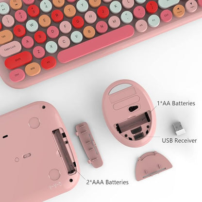 MOFII Wireless Keyboard and Mouse Combo, Full-Size Retro Typewriter-Style Wireless Keyboard with Optical Mouse for Computer/Laptop/Windows/Mac (Pink Colorful)