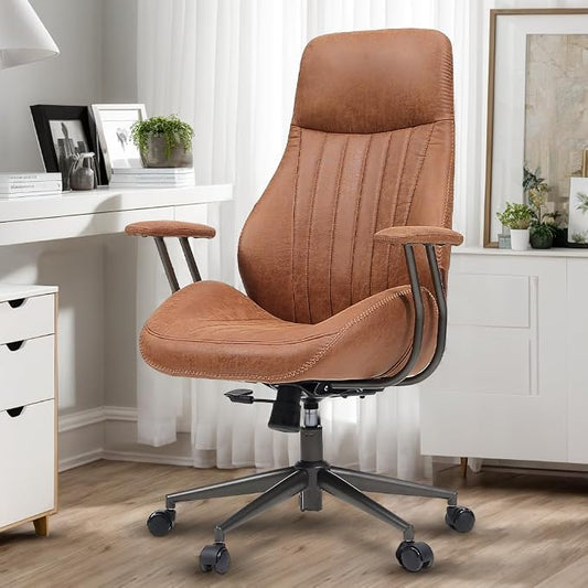 High Back Home Office Chair, Mid Century Vintage Executive Chair,Comfy Ergonomic Rolling Office Task Chair with Lumbar Support,Brown Faux Leather Office Chair,Brown