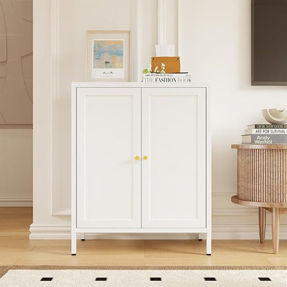 Metal Accent Storage Cabinet for Home, LivingRoom,Office,Kitchen- Metal Locker Cabinet with 1 Adjustable Shelves-Bathroom Floor Storage Cabinet Freestanding Organizer(Square Door, White)