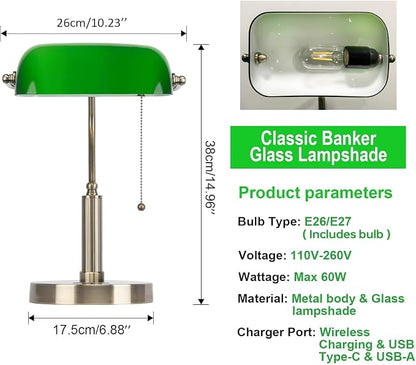 FIRVRE Glass Bankers Desk Lamp with Wireless Charger, 2 USB Charging Port, Vintage Desk Lamp with Pull Chain Switch, Retro Table Lamps for Home Office, Piano, Library (Bulb Included)