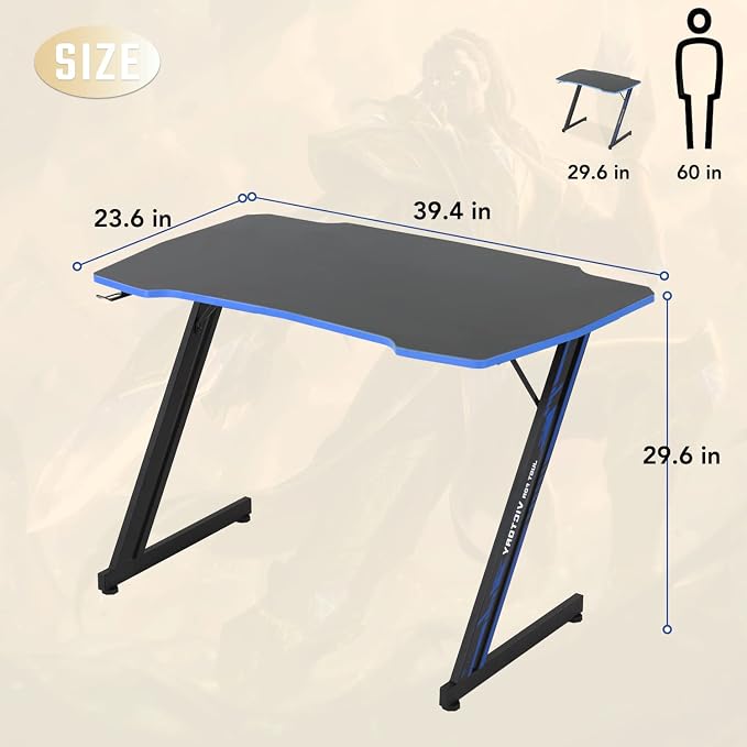 BestOffice Gmaing Desk Z Shaped 39.4in Computer Gaming Workstation Ergonomic Gaming Table with Headphone Hook for Game Players, Blue