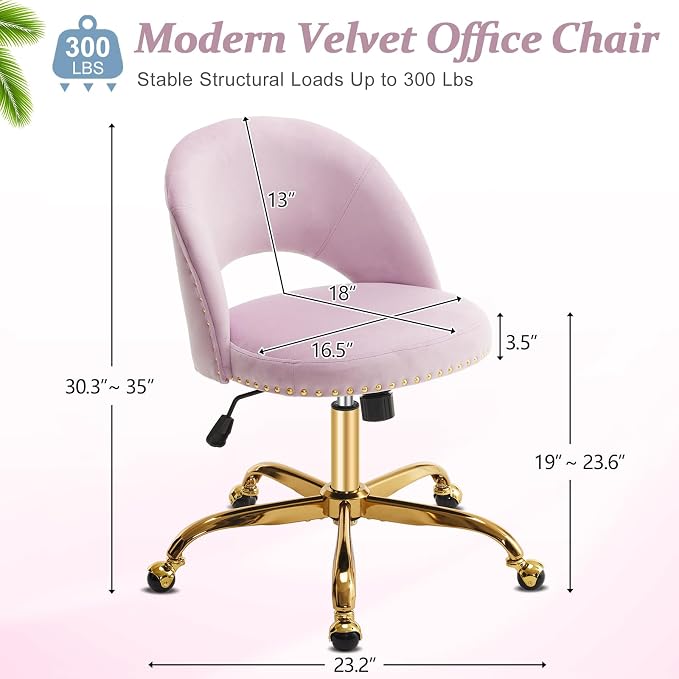 VINGLI Modern Velvet Small Office Chair,Cute Desk Chair With Wheels,Gold Base/Studs,Comfy Armless Swivel Vanity Task Chair For Women/Girl/Kids,Nail Tech Chair For Office,Small Space,Mauve Light Purple
