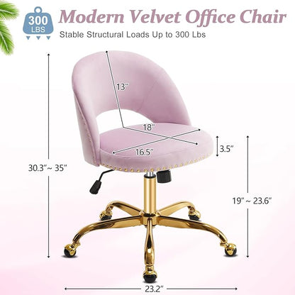 VINGLI Modern Velvet Small Office Chair,Cute Desk Chair With Wheels,Gold Base/Studs,Comfy Armless Swivel Vanity Task Chair For Women/Girl/Kids,Nail Tech Chair For Office,Small Space,Mauve Light Purple