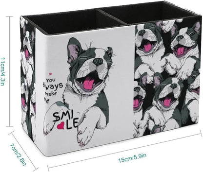 Niapessel Pencil Holder for Desk, Funny Boston Terrier Dog Pen Holder Storage Desktop Pen Organizer Desk Pencil Organizer Makeup Brush Holder for Office School College Leather