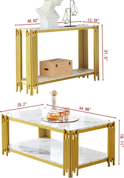 White Marble Coffee Table Set of 2, Faux Marble Coffee Tables and Gold White Console Table with Chrome Metal I-Base, Luxury Marble 2 Piece Living Room Table Set for Bedroom Home Office