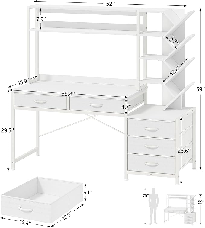 YOMILUVE Reversible Computer Desk with Hutch, Home Office Desk with 5 Drawers and Bookshelf, 52'' Study Writing Desk with Storage Shelves for Bedroom Home Office, White