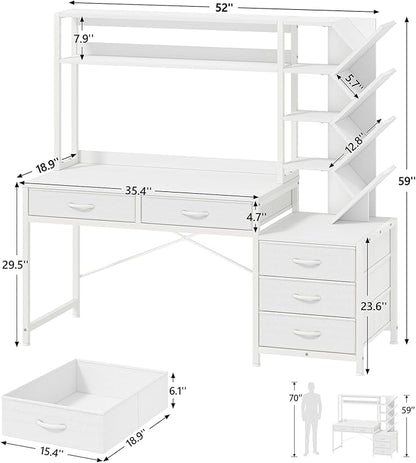 YOMILUVE Reversible Computer Desk with Hutch, Home Office Desk with 5 Drawers and Bookshelf, 52'' Study Writing Desk with Storage Shelves for Bedroom Home Office, White