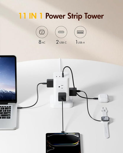 2 Pack Power Strip Tower with Surge Protector 1800J, Fast Charging Tower PD20W USB-C Ports with 8 AC Outlets, 6ft Extension Cord for Home Office Dorm Room, White