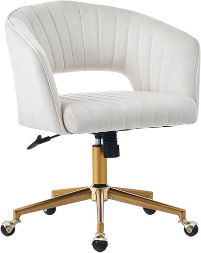 Home Office Desk Chair, Vanity Chair with Back 360 Swivel Armchair and Gold Base, Velvet Criss Cross Chair with Wheels for Vanity Home Office, Living Room, Bedroom and Study (Beige)