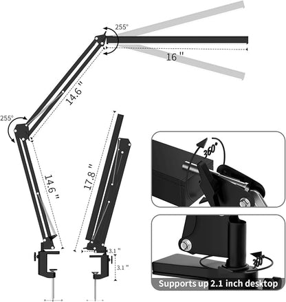 LED Desk Lamp, Manicure Table Lamp, Eye-Caring Drafting Light, Dimmable Office Table Lamp with 3 Color Modes, 10 Brightness Levels & Adapter, Memory Function(Black)