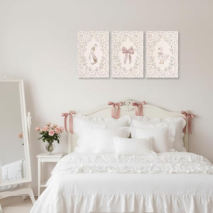 Baby Girl Nursery Wall Art Set of 3, Vintage Cottage Core Nursery Decor, Pink Bow Rabbit Goose Poster Print, Cute Floral Animal Canvas Pictures for Girls Room Kids Bedroom Framed 12x16 Inch