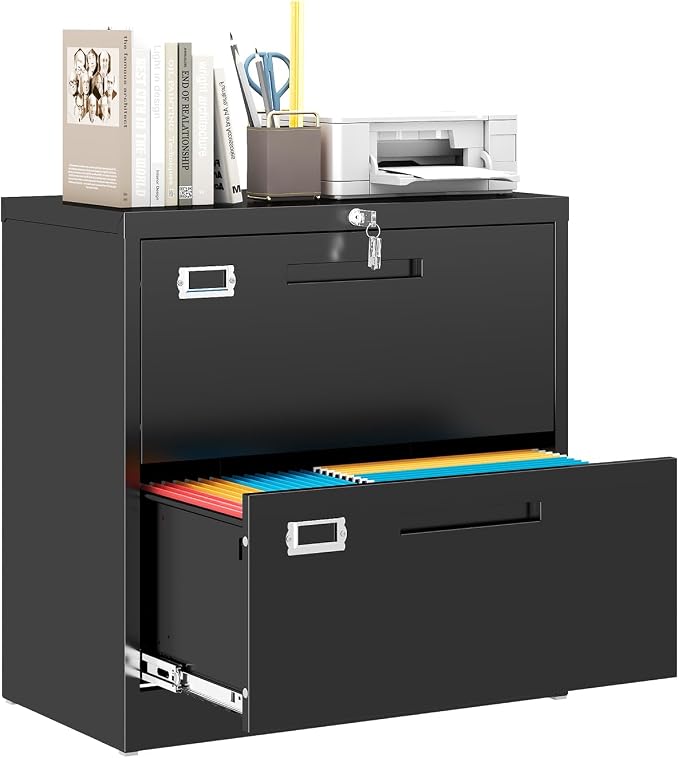 MIIIKO Lateral 2 Drawer File Cabinet, Black Metal Filing Cabinet with Lock, Drawer Storage File Cabinets for Home Office,Hanging Files Folders Letter/Legal/A4 Size