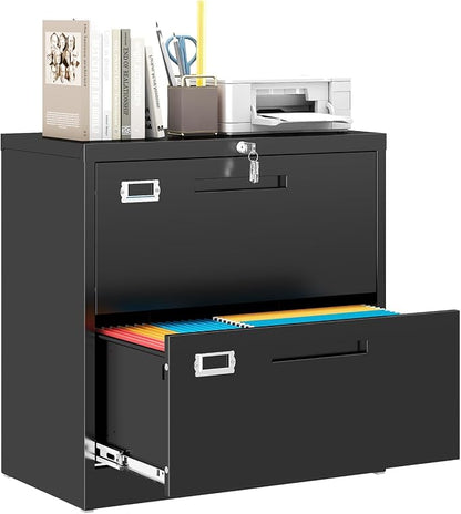 MIIIKO Lateral 2 Drawer File Cabinet, Black Metal Filing Cabinet with Lock, Drawer Storage File Cabinets for Home Office,Hanging Files Folders Letter/Legal/A4 Size