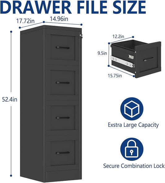 Ckzbx 4 Drawer File Cabinet with Lock, Narrow Vertical Filing Cabinet, Under Desk File Cabinets,Black Metal File Cabinets for Home Office,Fit Letter/A4/Legal Size File