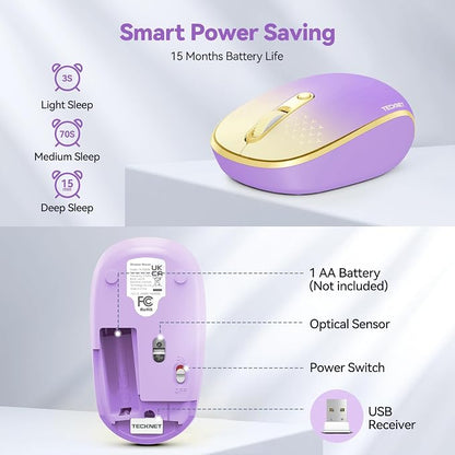 TECKNET Wireless Mouse, 2.4G Quiet Computer Mouse with USB Receiver, 4 Buttons Portable Cordless Mice for Chromebook, Laptop, PC, Mac, 800/1200/1600 DPI - Pink-Yellow Gradient