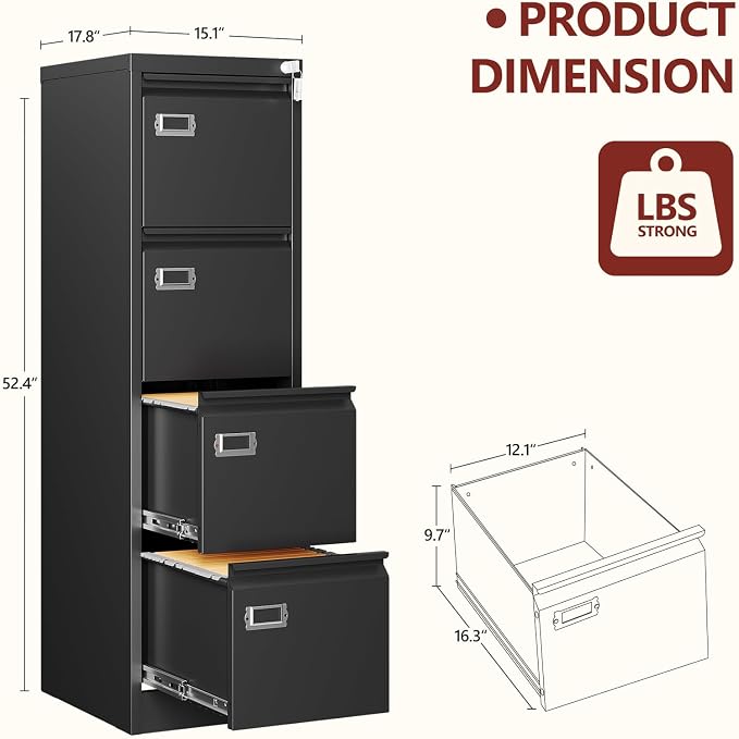 RAVIGIN 4 Drawer File Cabinet with Lock,Vertical Filing Cabinet for Home Office,Metal File Cabinets with Lock,Storage Files for A4/ Legal/Letter, Require Assembly, (Black)