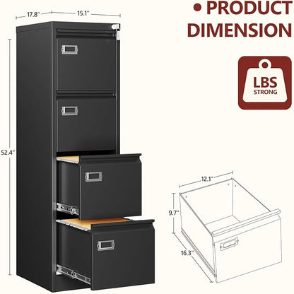 RAVIGIN 4 Drawer File Cabinet with Lock,Vertical Filing Cabinet for Home Office,Metal File Cabinets with Lock,Storage Files for A4/ Legal/Letter, Require Assembly, (Black)