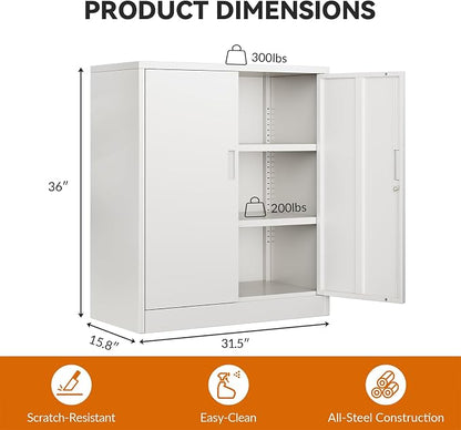 BESFUR Metal Storage Cabinet, Garage Storage Cabinet with 2 Adjustable Shelves, Locking Short Storage Cabinet for Office Garage Home, White Metal Cabinets (36" H x 31.5" W x 16" D)