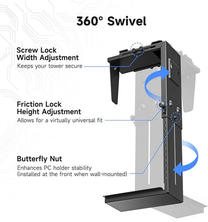 Suptek Adjustable Under Desk and Wall PC Mount,3.94 to 11.61 inch Wide Computer Case CPU Hanger Holder 360 Degree Rotatable Under-Desk PC Hanging Stand Holder Mount (ZJJ001XL)