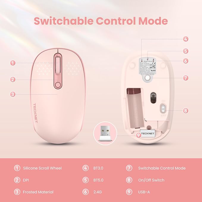 TECKNET Wireless Mouse,Bluetooth Mouse (BT5.3/5.0 & 2.4G) with USB Receiver Silent Optical Computer Mice，Wide Compatibility