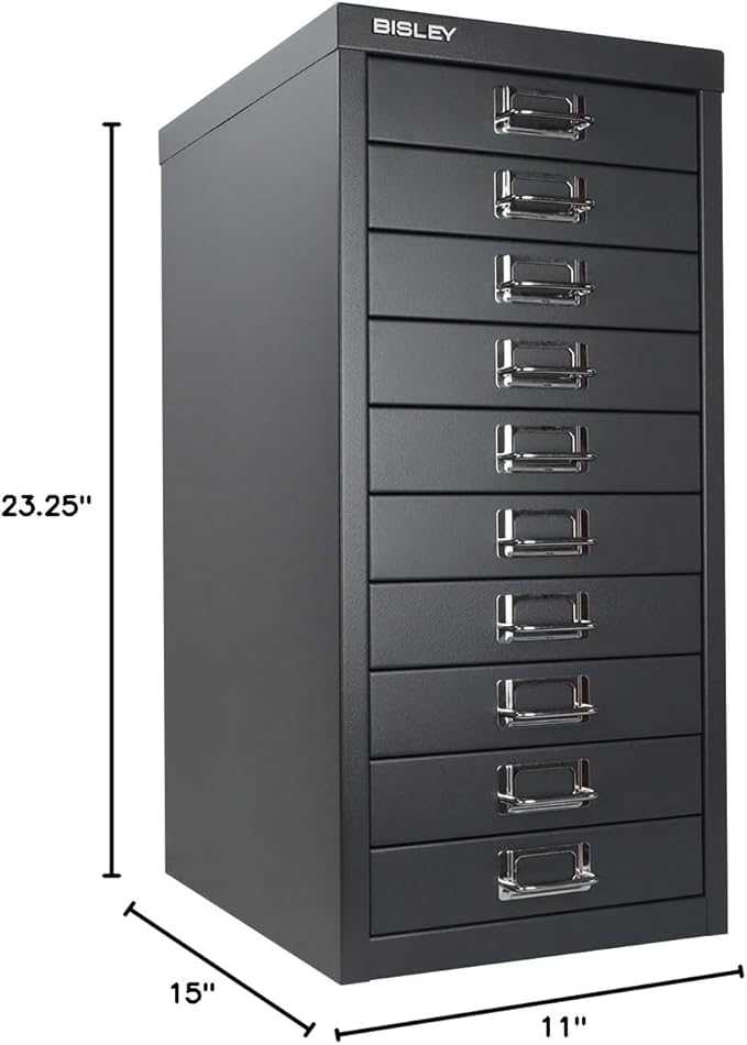 Bisley 10-Drawer Steel MultiDrawer Cabinet - Anthracite Grey | Chrome Pull Handles with Label Holders, Powder-Coated Steel, Removable Drawers, Fits Under Most Desks, Labels Included