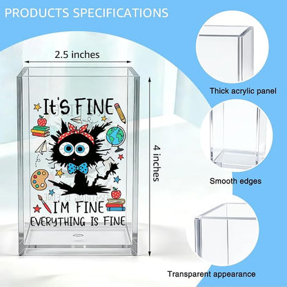 It's Fine I'm Fine Everything Is Fine Acrylic Organizer Pencil Pen Holder, Funny Cat Desk Organizer, Sarcastic Office Decor Gifts for Women Coworker, Back to School Gifts for Student Teacher