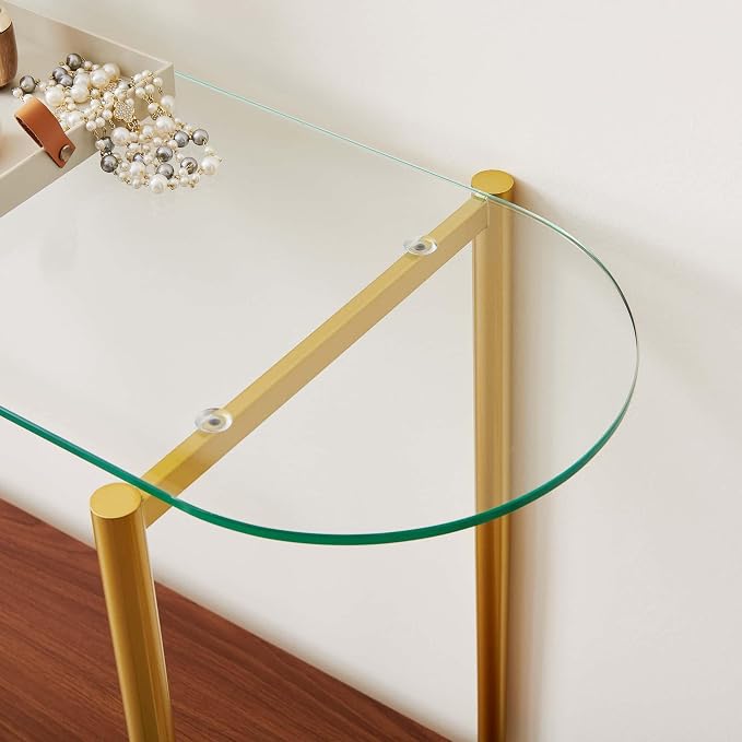 LumFurn Oval Glass Console Table for Living Room, Foyer & Entrance, 2-Tiers Mid-Century Modern Sofa Table with Clear Glass Top, Walnut Finish Wood Shelf and Gold Finish Frame