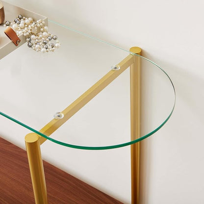 LumFurn Oval Glass Console Table for Living Room, Foyer & Entrance, 2-Tiers Mid-Century Modern Sofa Table with Clear Glass Top, Walnut Finish Wood Shelf and Gold Finish Frame