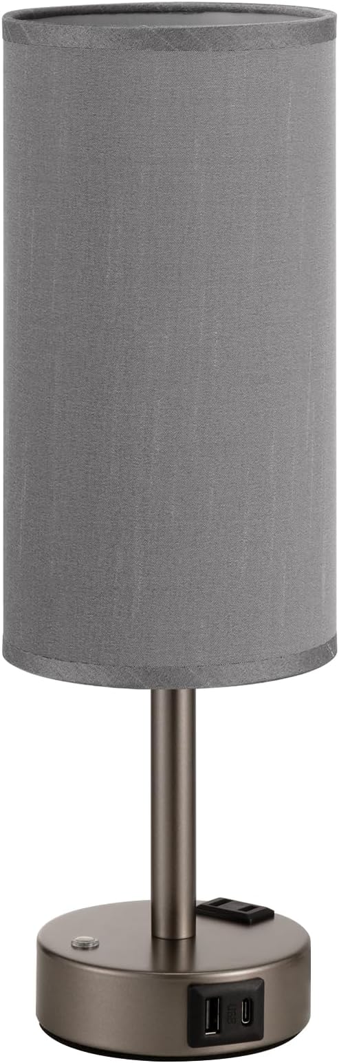 Touch Bedside Table Lamp with Memory - Stepless Dimmable Lamp for Bedroom, Small Nightstand Lamp with Dual USB Charging Ports and AC Outlet, Wood Night Light, Desk Lamp for Nursery (Grey & Grey)