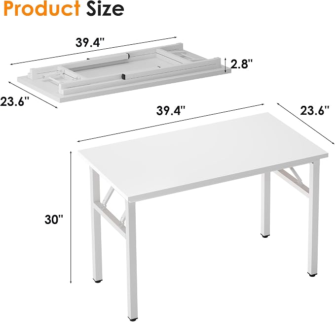 Need 39.4 Inch Folding Desk for Small Spaces, Home Office Computer Desk with White Wood Top & Metal Frame, Foldable Writing Table for Study, Bedroom, Dorm Room & Student
