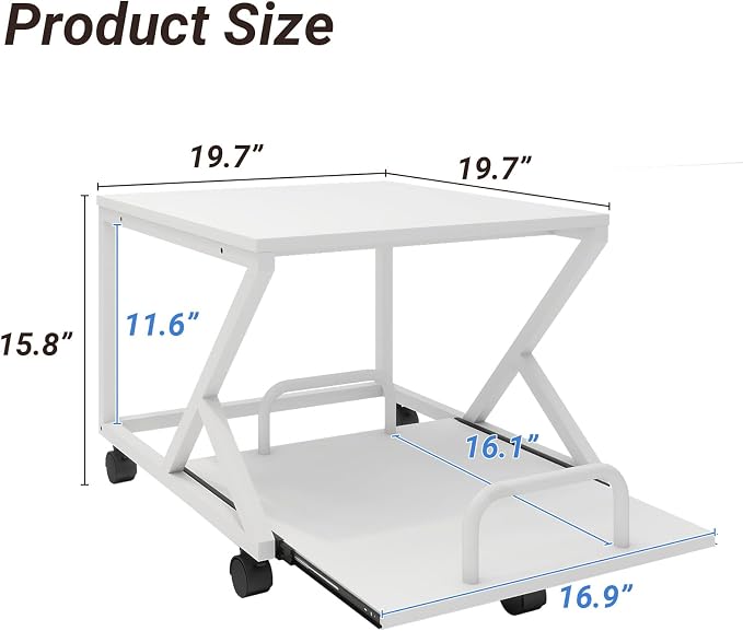 Natwind 2 Tier Printer Stand,19.7''x19.7'',with Pull Out Shelf,White | Easy Reach for Lower Shelf Items,Rolling Printer Cart with Wheels,Fits Under Desk,Supports 180lbs,for Home Office Kitchen