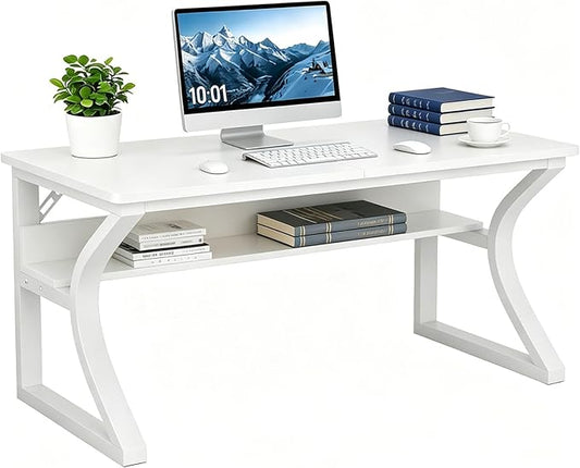 47 inch Computer Desk, Home Office Desk with Storage Shelf, Sturdy U-Shaped Metal Frame Study Table with Cable Management, Gaming Desk for Office & Bedroom (White, 47inch)