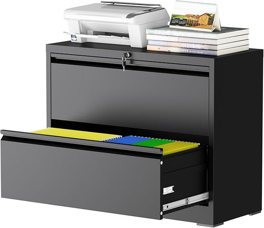 2 Drawer Lateral File Cabinet with Lock, Metal Lateral File Cabinets for Home Office, Steel Heavy-Duty Filing Storage Cabinet for Letters/Legal/A4 (Require Assembly, Black)