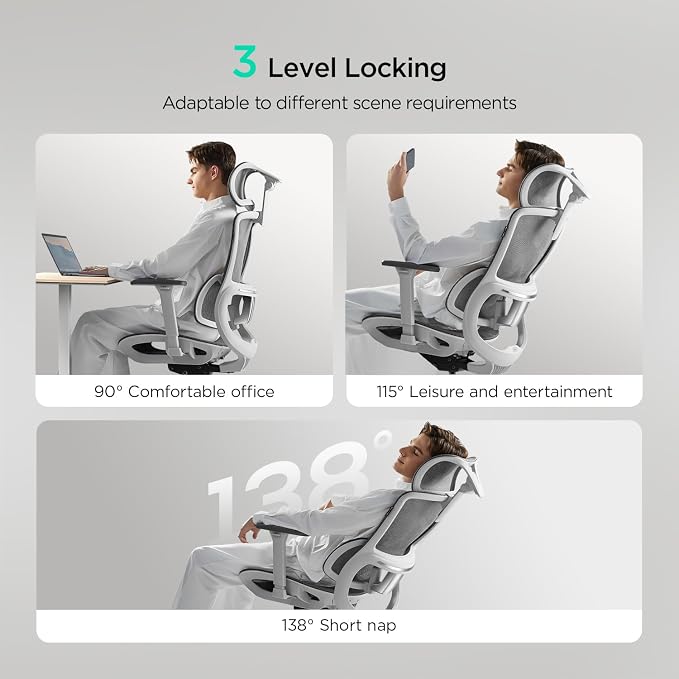 Hbada E2 Ergonomic Office Chair, Big and Tall Mesh Office Chair with 6-Way Dynamic Lumbar Support, 3D Adjustable Armrests, 3D Adjustable Headrest, High Back for Gaming Chair, White(No Footrest)