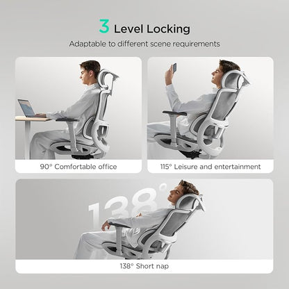 Hbada E2 Ergonomic Office Chair, Big and Tall Mesh Office Chair with 6-Way Dynamic Lumbar Support, 3D Adjustable Armrests, 3D Adjustable Headrest, High Back for Gaming Chair, White(No Footrest)