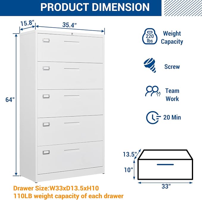 Fesbos Lateral File Cabinet with 5 Drawers - White Metal Steel Filling Cabinets for Home Office - Lockable Storage Cabinet for Hanging Files Letter/Legal/F4/A4 Size-Assembly Required