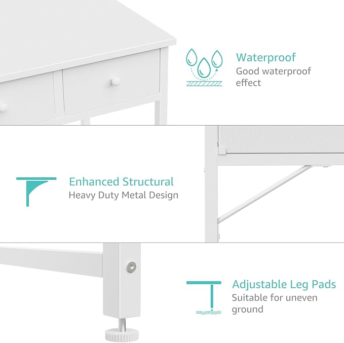 Lufeiya 47 Inch White Computer Desk with Fabric Drawers for Home Office Bedroom, Vanity Desk with Drawer Storage and Side Pouch, Study Writing Table, White
