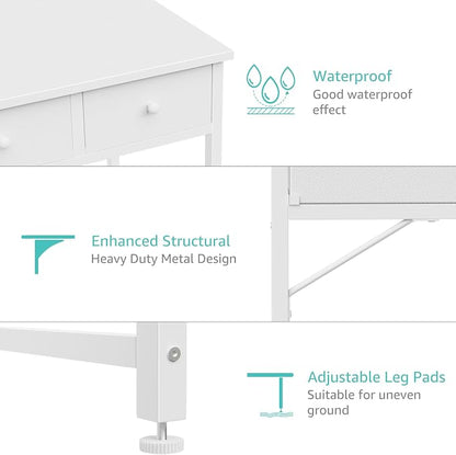 Lufeiya 47 Inch White Computer Desk with Fabric Drawers for Home Office Bedroom, Vanity Desk with Drawer Storage and Side Pouch, Study Writing Table, White