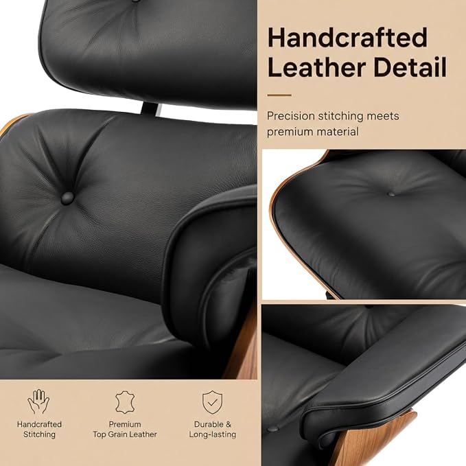Mid Century Chaise Lounge Chair and Ottoman, Genuine Leather Reading Chair, Modern Chair Classic Design, Heavy Duty Base Support for Living Room Study Lounge Office,Tall Upgraded, Walnut Black