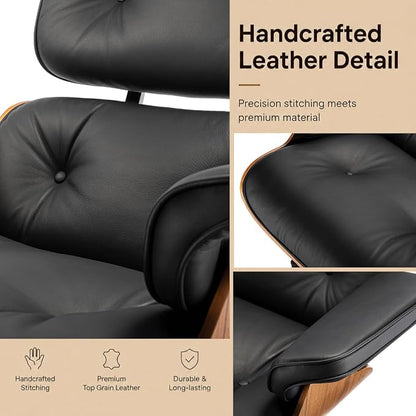 Mid Century Chaise Lounge Chair and Ottoman,Full Grain Leather Reading Chair,Modern Chair Classic Design,Heavy Duty Base Support for Living Room Study Lounge Office,Aniline Leather Walnut Black