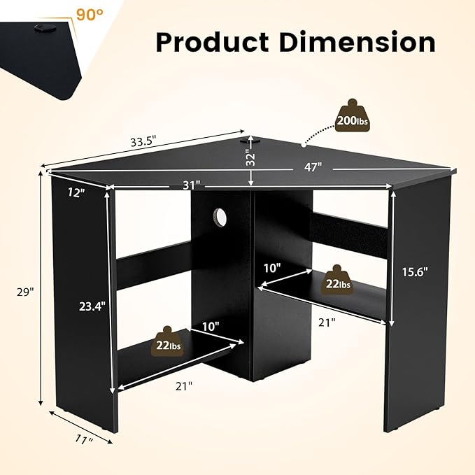 GOFLAME Corner Desk with Storage Shelves, Triangular Computer Desk with Cable Management Holes, Laptop Workstation for Small Space, Makeup Vanity Desk for Living Room, Study, Black