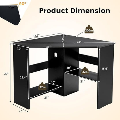 GOFLAME Corner Desk with Storage Shelves, Triangular Computer Desk with Cable Management Holes, Laptop Workstation for Small Space, Makeup Vanity Desk for Living Room, Study, Black
