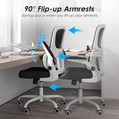 Soohow Office Chair, Mesh Ergonomic Office Chair with Lumbar Support, Comfy Swivel Computer Desk Chair with Flip Armrest Rolling Wheels for Home Study Room Office, White & Black