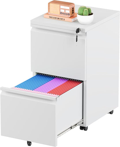 Greenvelly 2-Drawer Mobile File Cabinet with Lock, Metal Rolling Filing Cabinet on Wheels, Under Desk File Cabinet for Home Office, Fits Letter/Legal/A4 File (Assembly Required, White)