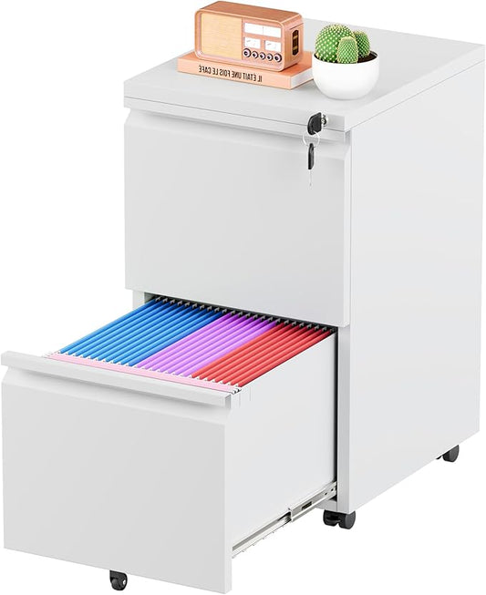 Greenvelly 2-Drawer Mobile File Cabinet with Lock, Metal Rolling Filing Cabinet on Wheels, Under Desk File Cabinet for Home Office, Fits Letter/Legal/A4 File (Assembly Required, White)