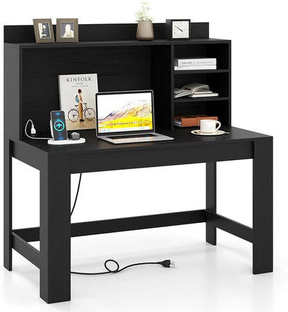 Giantex Computer Desk with Hutch, Modern Home Office Desk with Power Outlets, Storage Shelves & Cable Hole, Makeup Vanity Table, Study Writing Desk for Bedroom Office Small Space (Black)