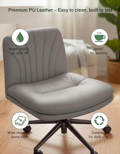 Marsail Criss Cross Office Chair with Wheels, Armless Wide Desk Chair for Active Sitting, PU Leather Cross Legged Chair for Home Office, Pet-Friendly & Easy Clean, Grey
