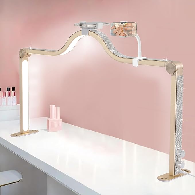 Upgraded Nail Tech Lamp with Dual Phone Holder, 34 in Foldable Large Nail Light for Desk, 3 Modes 3000K-6000K LED Manicure Lamp, Half Moon Light for Lash Eyelash Extension, Tattoo, Eyebrows