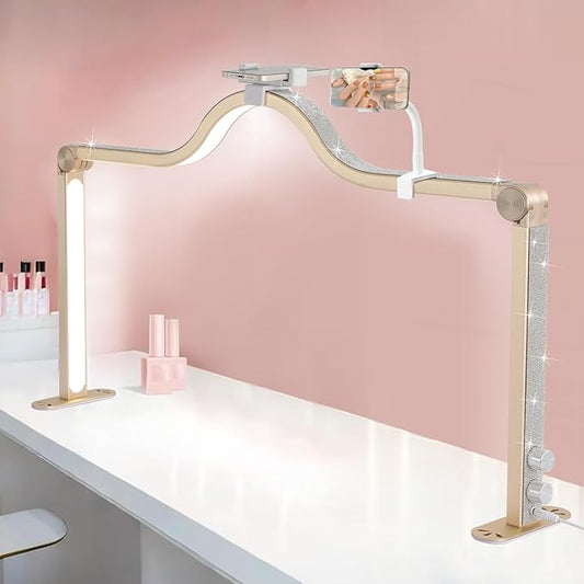 Upgraded Nail Tech Lamp with Dual Phone Holder, 34 in Foldable Large Nail Light for Desk, 3 Modes 3000K-6000K LED Manicure Lamp, Half Moon Light for Lash Eyelash Extension, Tattoo, Eyebrows