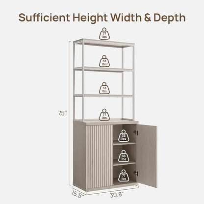 SICOTAS Book Shelf Fluted Bookshelf Cabinet - 75" Tall Bookcase 6 Tier Large Bookshelves with Doors Storage Modern Wide Book Shelves Case for Living Room Home Office Library, Metal Frame, White Alder